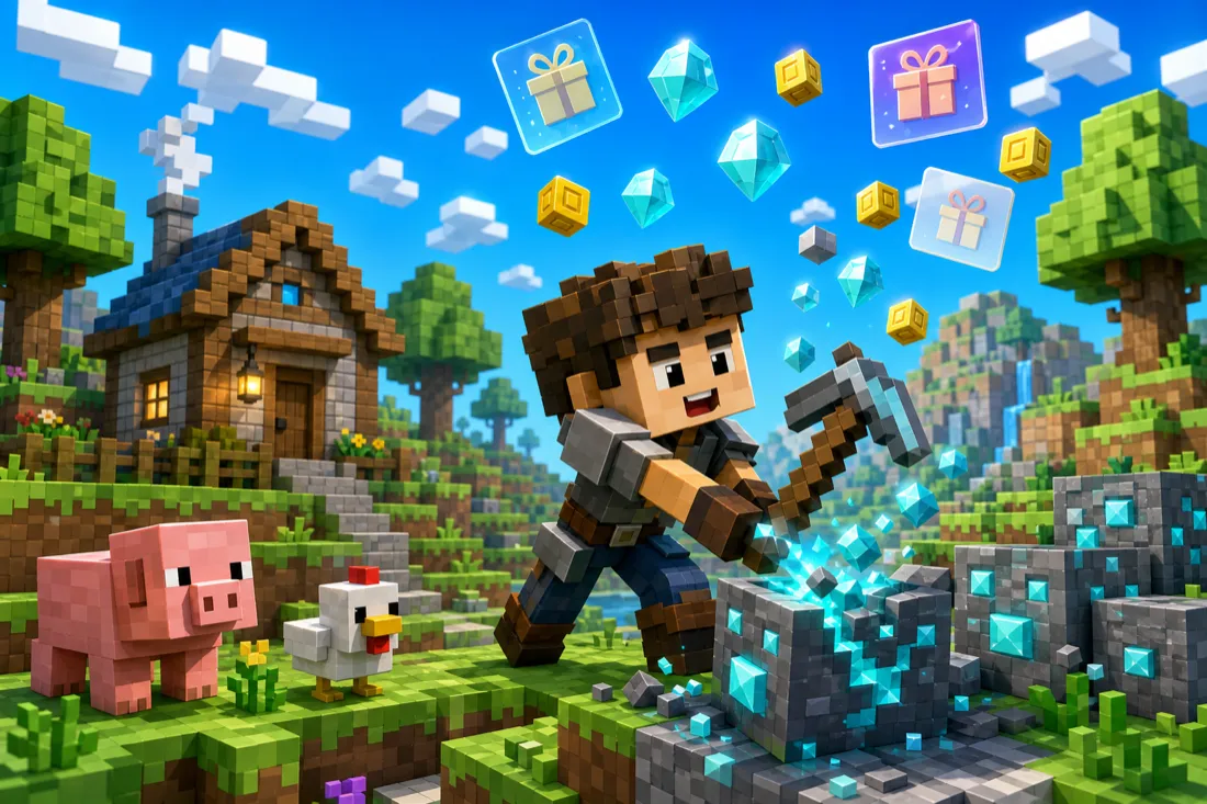 Bright blocky voxel world with an original hero mining gems and floating gift-card rewards